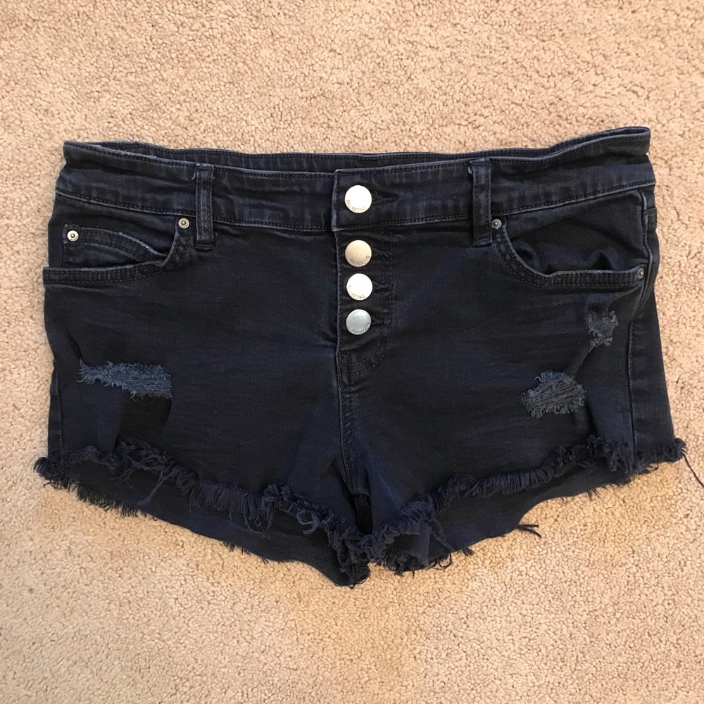 Billabong Distressed Button Fly Denim Shorts Size 2 Waist 26 Dark Blue Low Rise